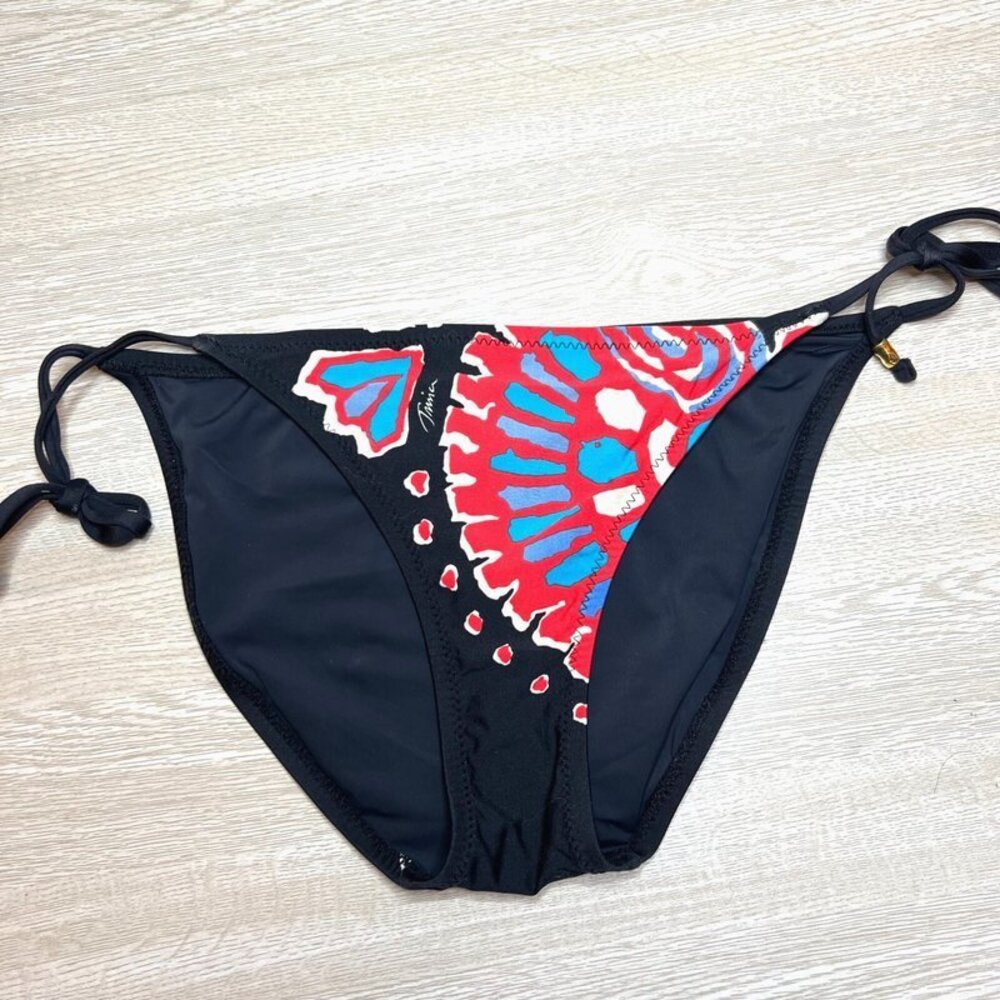 Trina Turk Women's Size 8 Black Bikini Bottom Gold Beaded Side Tie Island Print
